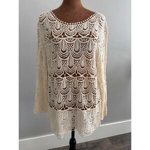 Venice Blue Cream Crochet Lace Tunic Top Bell Sleeve Free‎ Size Boho Beach